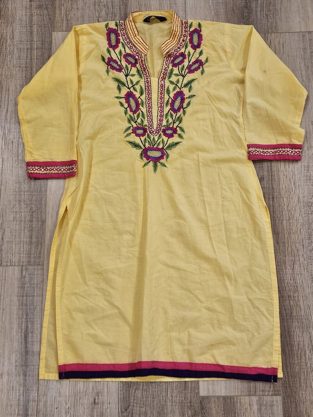 Sakhi Mix & Match Yellow Embroidered Kurti Tunic Dress Women Medium Floral Boho